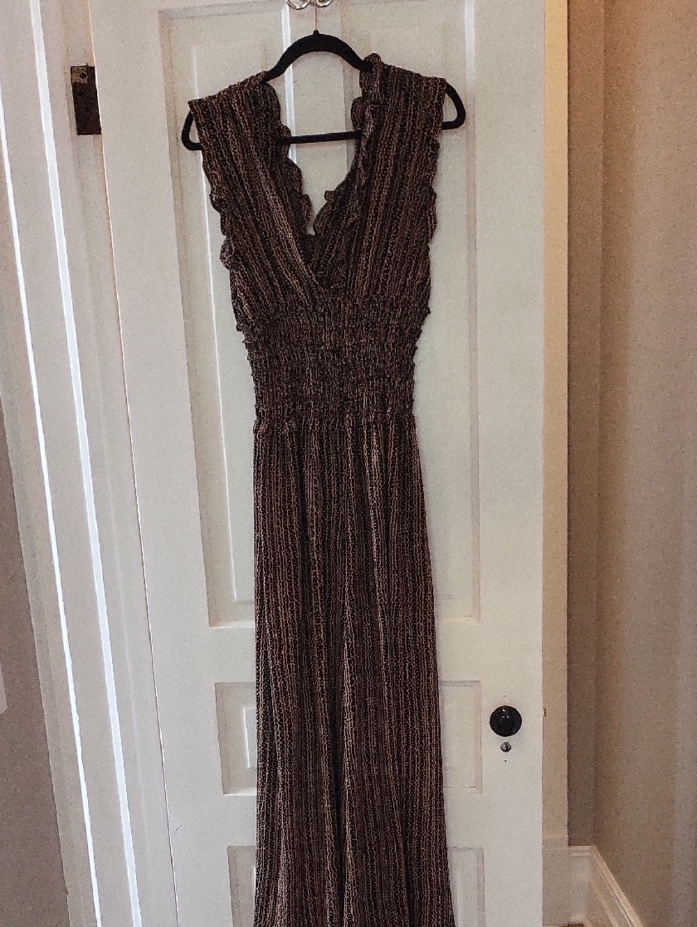 Brown Textured Romper Jumpsuit with Smocked Waist
